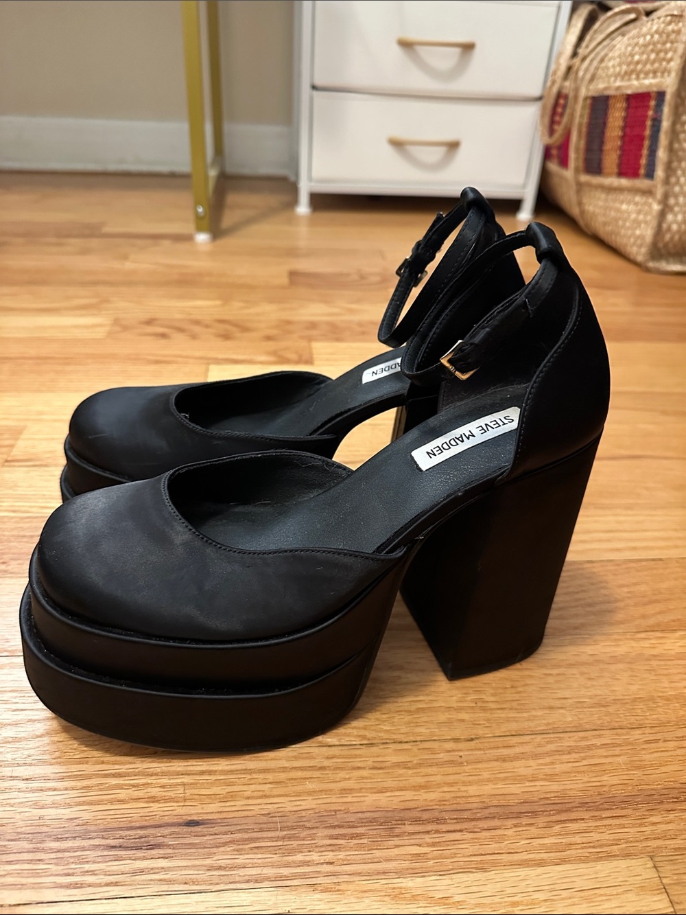 Steve Madden Black Ankle-Strap Platform Block Heels - Picture 3 of 5